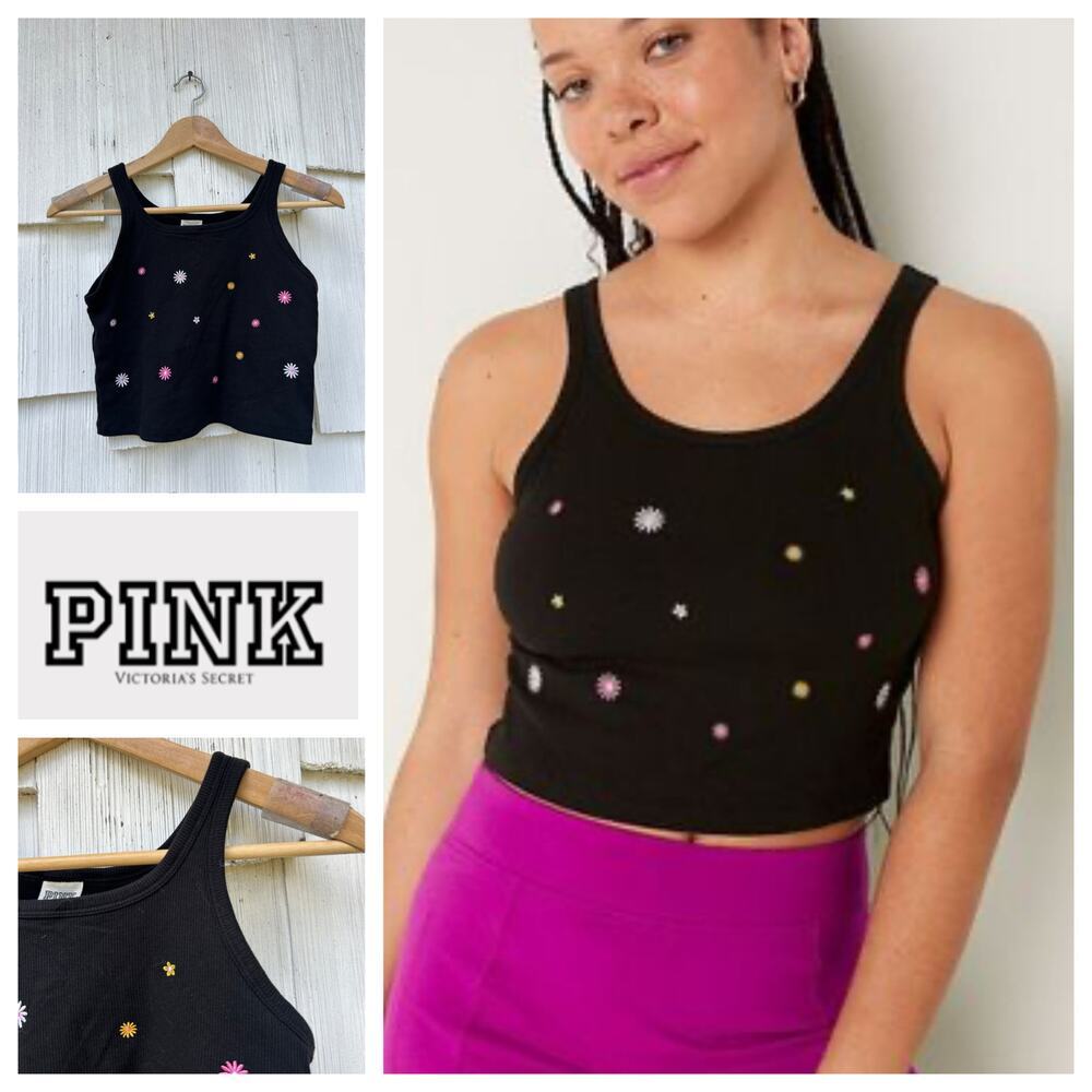 Victoria's Secret PINK Daisy Embroidered Crop Tank Black Soft Stretchy Size M